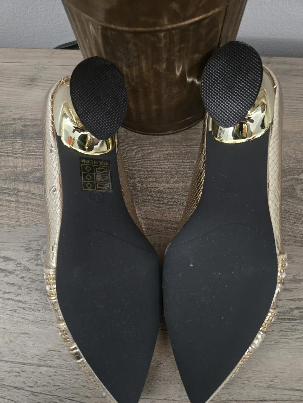 Gold Pointed Toe Women's Flats with Rhinestone Detail